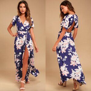 NWT Lulu's Azalea Regalia Floral Print Wrap Maxi Dress Back Cut Out Purple Pink